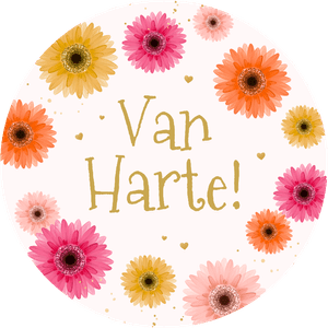 Een fleurige ronde sticker met gerbera bloemen, leuk om op een cadeau te plakken.