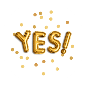 Een algemene ronde sticker met ballonnen 'Yes' en gouden confetti.