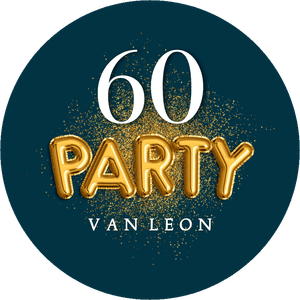 Een feestelijke ronde sticker voor een verjaardagsfeest of party met gouden confetti.
