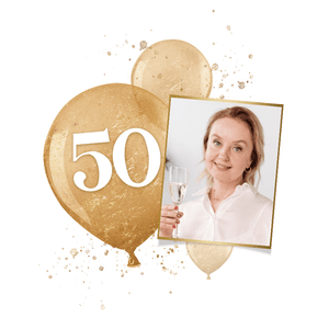 Een feestelijke en stijlvolle ronde sticker voor een verjaardag met gouden ballonnen en foto.