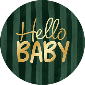 Een hippe goudlook 'Hello baby' sticker, speciaal voor op een kraamcadeau (jongen).