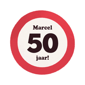 Ronde sticker 50 jaar in de vorm van een verkeersbord