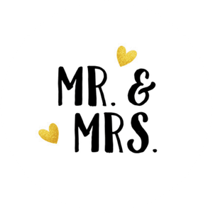 Witte sluitzegel met de tekst ‘Mr. & Mrs.’ en 2 gouden hartjes