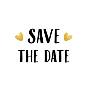 Witte sluitzegel met de tekst ‘Save the date’ en 2 gouden hartjes