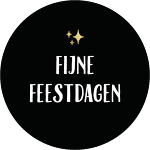 Zwarte sluitzegel met de tekst ‘Fijne feestdagen’ en gouden sterretjes