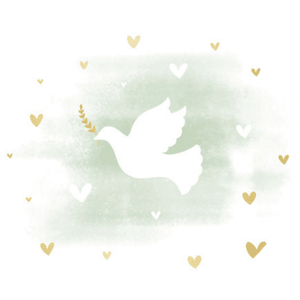 Witte sluitzegel met een duif met groene waterverf en hartjes.