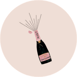 Vrolijke sluitzegel met een illustratie van een ontkurkende champagnefles erop