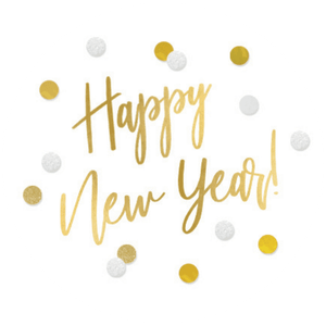 Witte sluitzegel met goudlook tekst Happy New Year en confetti
