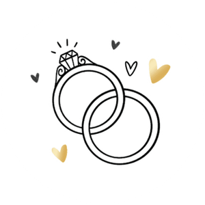 Witte sluitzegel met 2 handgetekende ringen in het zwart met gouden en zwarte hartjes eromheen.