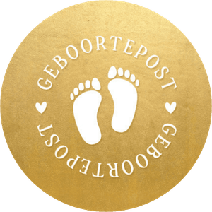 Goudlook sluitzegel in een stempel look met witte voetjes en tekst geboortepost