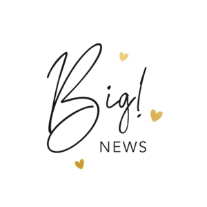 Witte sluitzegel met zwarte tekst 'Big news' en drie gouden hartjes