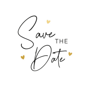 Witte sluitzegel met drie gouden hartjes en tekst 'Save the Date'