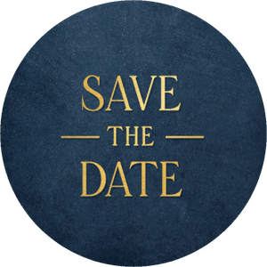 Donkerblauwe sluitzegel met gouden tekst 'save the date'
