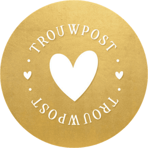 Goudlook sluitzegel met witte tekst 'trouwpost' en hartje