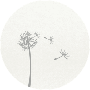 Gebroken witte sluitzegel met een illustratie van een paardenbloem met wegvliegende pluisjes