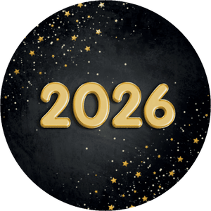 Zwarte sluitzegel met een gouden 2026 folieballon er op.
