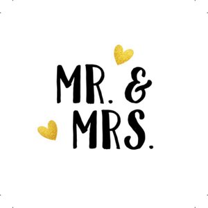 Witte sluitzegel met de tekst ‘Mr. & Mrs.’ en 2 gouden hartjes