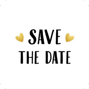 Witte sluitzegel met de tekst ‘Save the date’ en 2 gouden hartjes