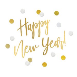 Witte sluitzegel met goudlook tekst Happy New Year en confetti