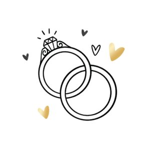 Witte sluitzegel met 2 handgetekende ringen in het zwart met gouden en zwarte hartjes eromheen.