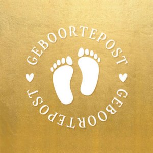 Goudlook sluitzegel in een stempel look met witte voetjes en tekst geboortepost