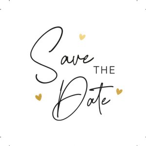 Witte sluitzegel met drie gouden hartjes en tekst 'Save the Date'
