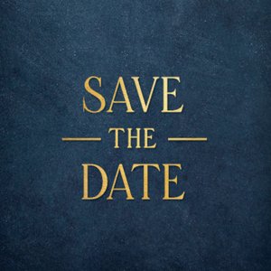 Donkerblauwe sluitzegel met gouden tekst 'save the date'