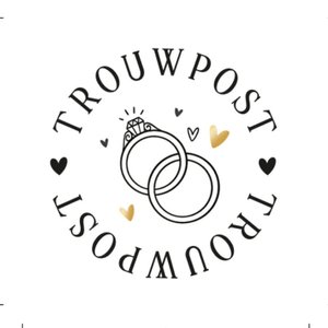 Witte sluitzegel met zwarte tekst trouwpost en illustratie van ringen en hartjes