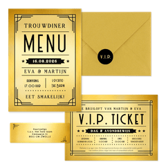 Trouwkaartenset VIP ticket goud
