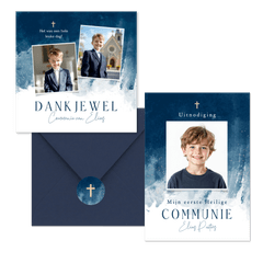 Communiekaarten waterverf blauw stijlvol jongen