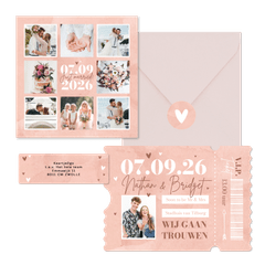 Trouwkaarten roze waterverf hip hartjes ticket