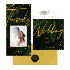 Trouwset met jungle bladeren en gouden tekst