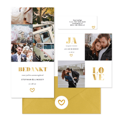 Stijlvolle trouwset met fotocollage in wit en goud