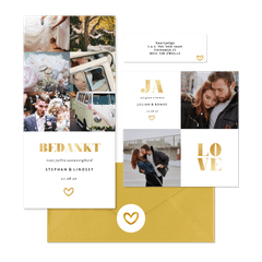 Stijlvolle trouwset met fotocollage in wit en goud