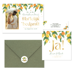 Trouwkaarten mediterrane zomer citroenen mandarijnen fris waterverf goud