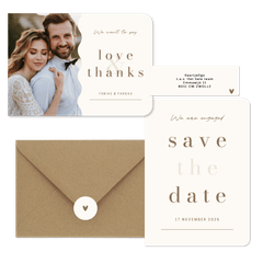 Minimalistische trouwkaart beige met bruin streep