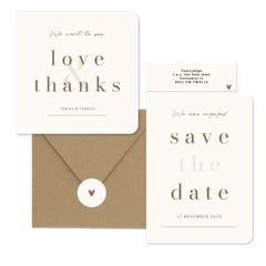 Minimalistische trouwkaart beige met bruin streep