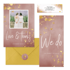 Trouwset oud roze waterverf en spetters goud