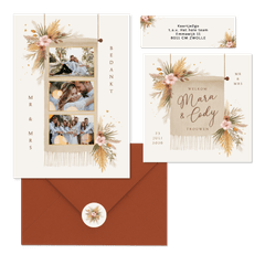 Trouwkaarten romantisch bohemian droogbloemen en gras