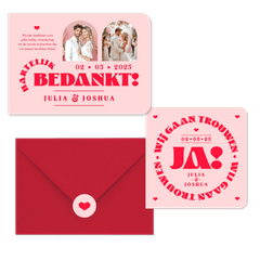 Trouwkaarten set modern typografisch romantisch hip roze rood