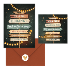 Trouwkaarten set festival wegwijzers hout lampjes