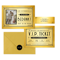 Trouwkaartenset VIP ticket goud