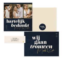 Trouwset donkerblauw met bold tekst en goud