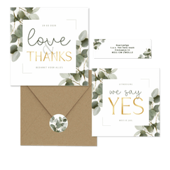 Trouwkaartenset eucalyptus met kader en goud