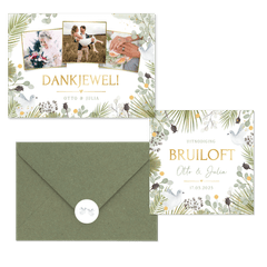 Trouwkaarten set botanisch met witte duiven