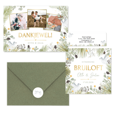 Trouwkaarten set botanisch met witte duiven