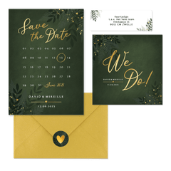 Stijlvolle donkergroene trouwset jungle met goud