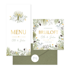 Trouwkaarten set botanisch met witte duiven