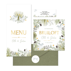 Trouwkaarten set botanisch met witte duiven