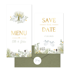 Trouwkaarten set botanisch met witte duiven